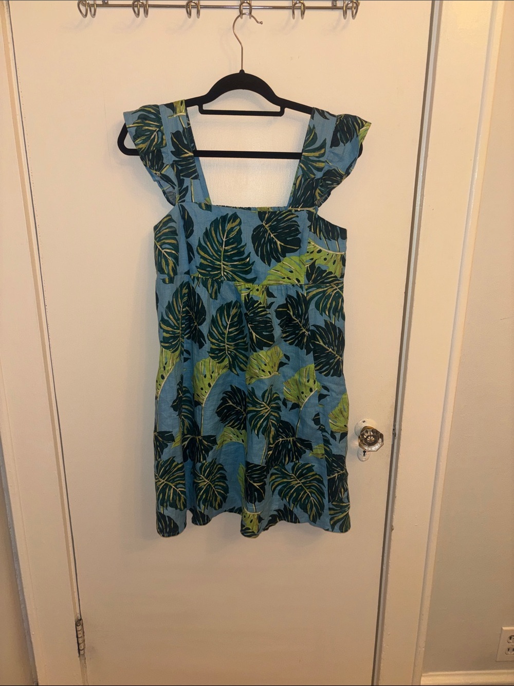 Draper James Linen Blue Monstera Leaf Babydoll Dress